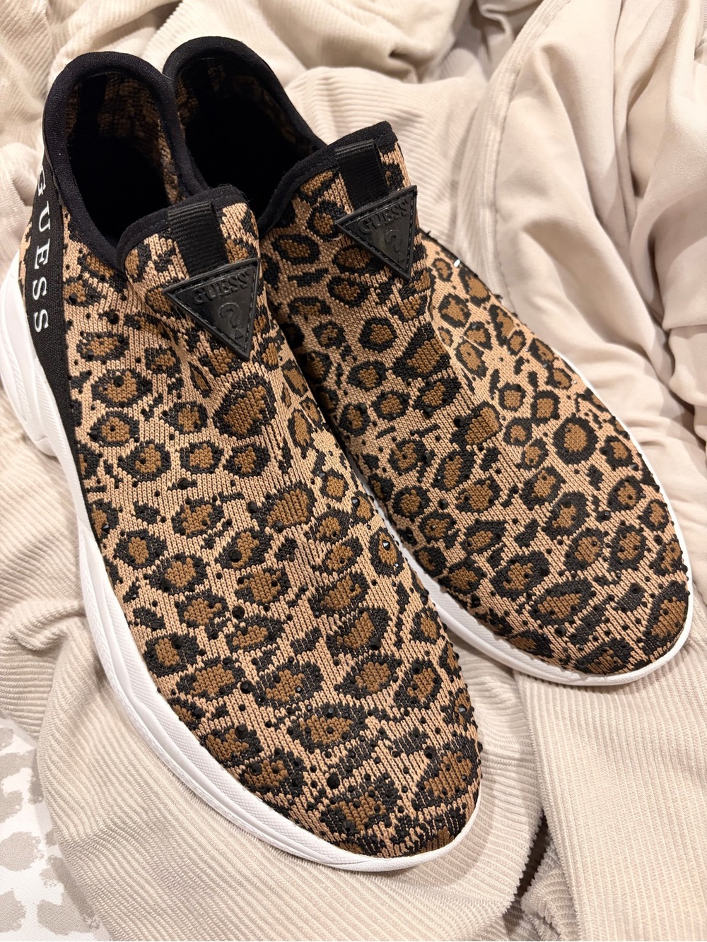 GUESS Leopard-Print Knit Slip-On Sneakers - Tan/Black/White